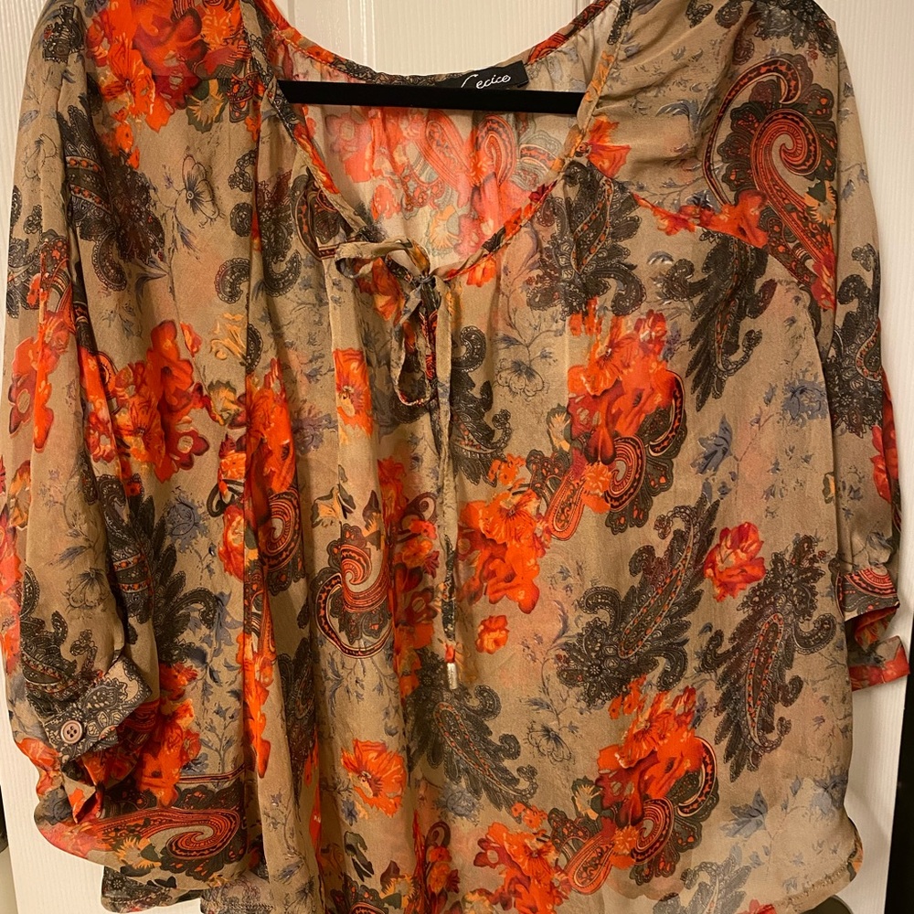 Cecico Boehm floral semi sheer blouse with button on sleeve